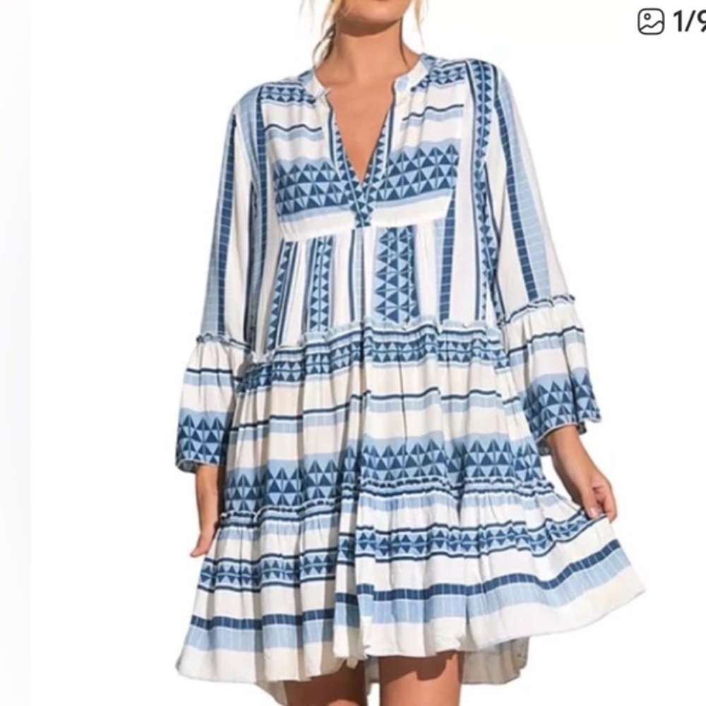 Elan Blue and White Geometric Dress